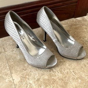 Silver studded peep toed heels - size 6.5